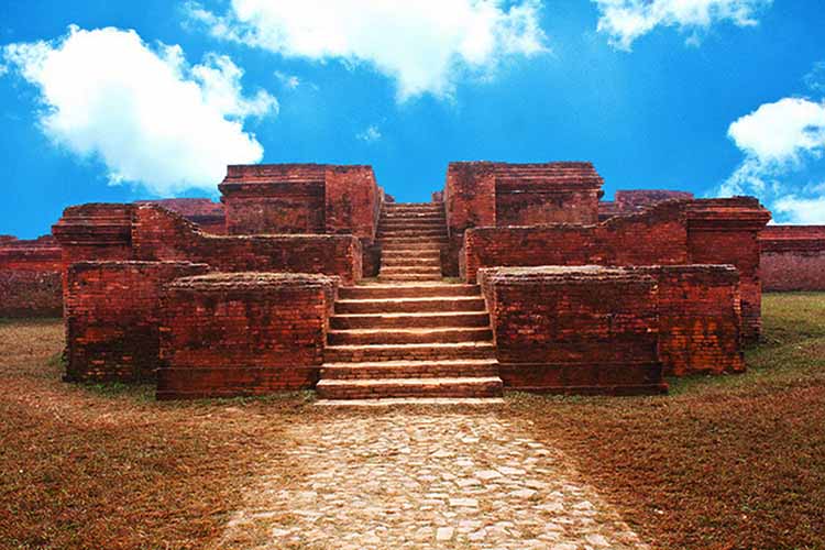 Brick walls and architectural detail of Shalban Vihara at dawn